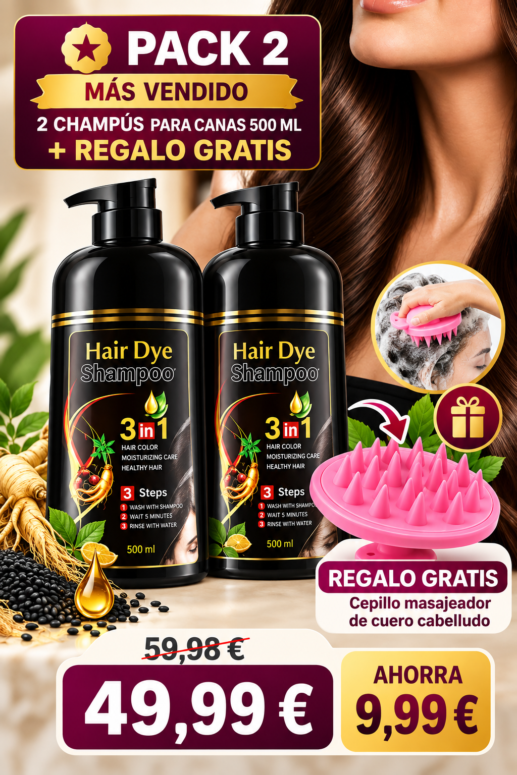 Champú Tinte para Canas 3 en 1 – Cobertura y Color Natural 500 ml.