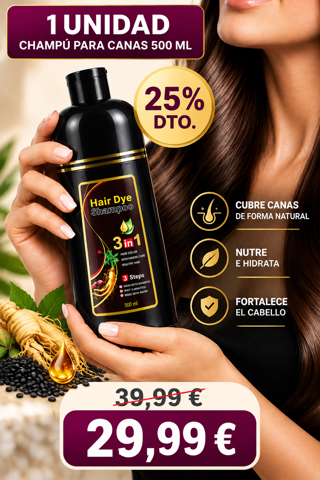 Champú Tinte para Canas 3 en 1 – Cobertura y Color Natural 500 ml.