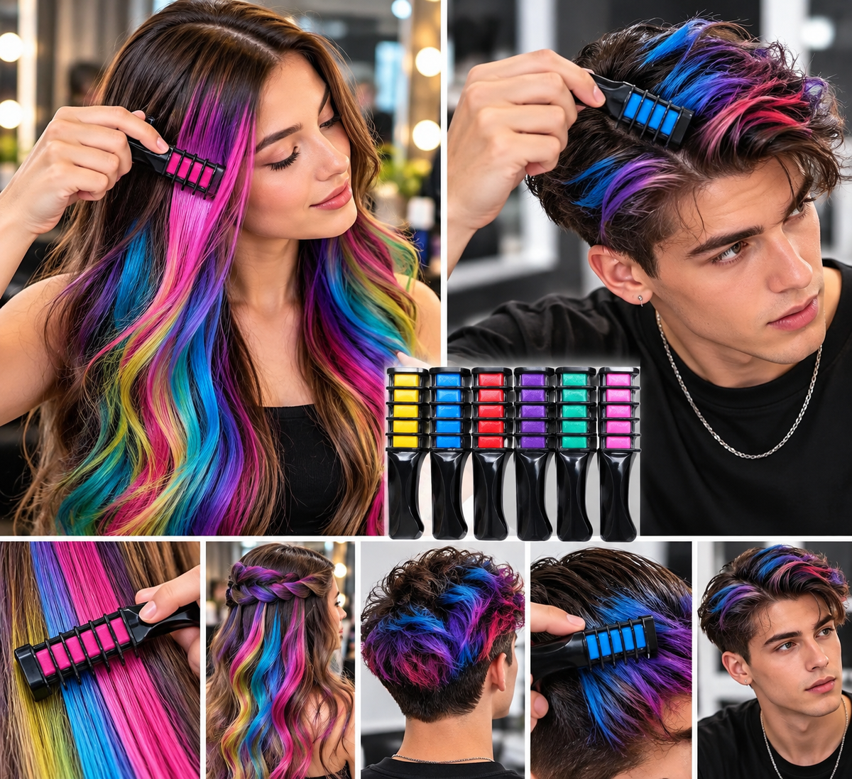 Tinte Temporal Lavable para Cabello – Set de 6 Colores