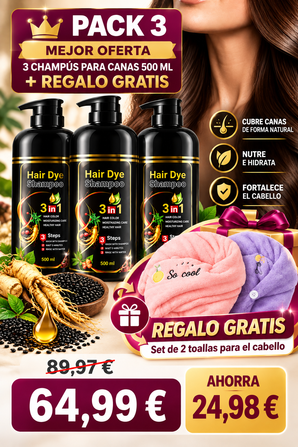 Champú Tinte para Canas 3 en 1 – Cobertura y Color Natural 500 ml.